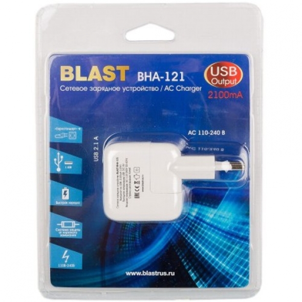 Сетевое ЗУ BLAST BHA-121, 1 x USB, 2А, белый, блистер