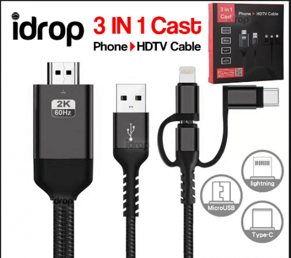 idrop 3 IN 1 Cast - Phone to HDTV Cable [ Lightning / Micro / Type C / HDTV ]
