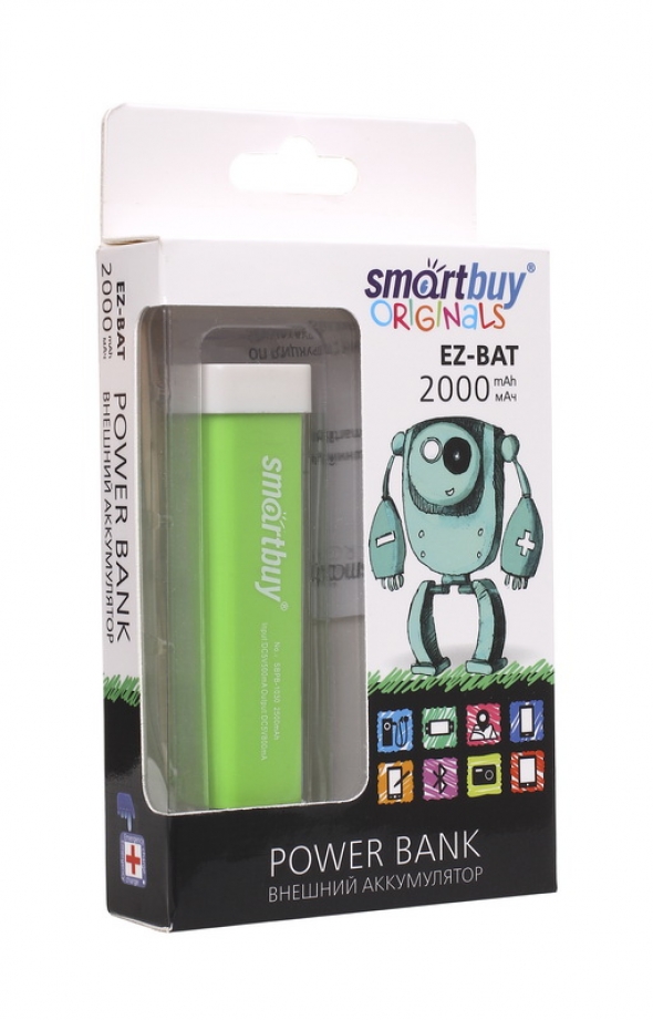Резервная батарея ЗУ SMARTBUY EZ-BAT, 2000 мАч, зелёный, глянцевый пластик.